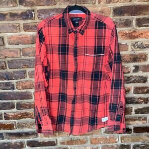 Adam Levine Red Black Plaid Long Sleeve Button Down Shirt Men's Size Large